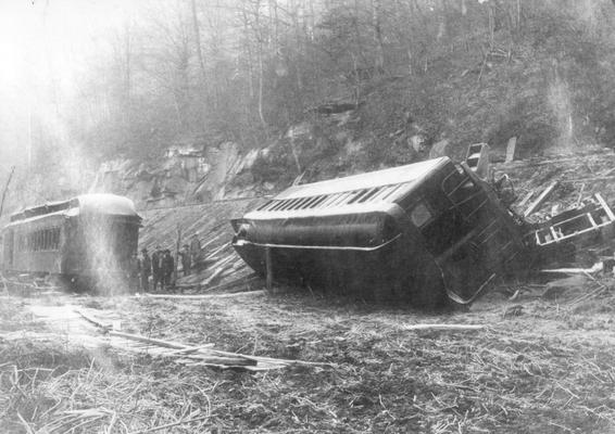 Overturned train car, July 3, 1934