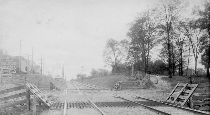 African American woman standing at base of hill near railroad tracks