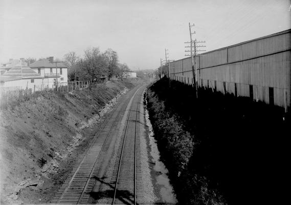 Railroad tracks near building