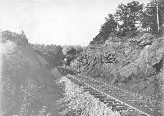 Train passing around curve through rocks
