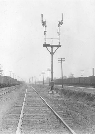 Railroad cars on tracks with signals