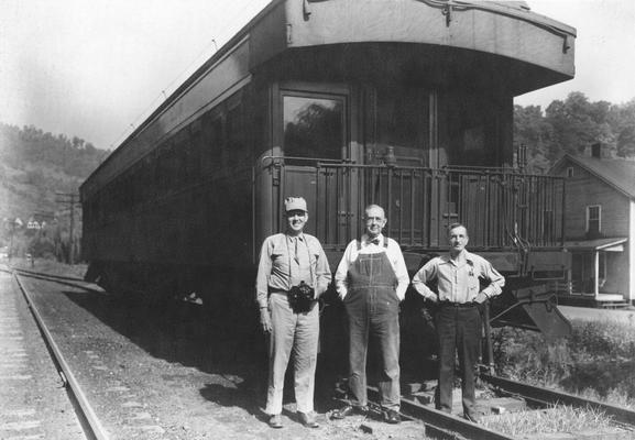 From left to right: J. Winston Coleman, Jr. ; Neal Trimble McKee; and Louis E. Nollau at Neon, Kentucky on three day trip of photography to Blackey, Kentucky in private car furnished by Louisville and Nashville Railroad Company, June 1947