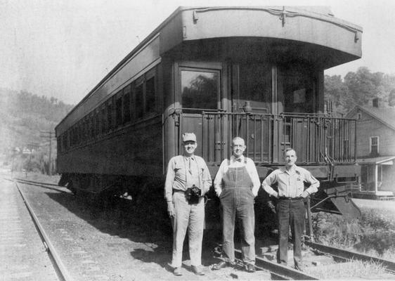 Three day trip to Blackey, Kentucky, courtesy of Louisville and Nashville Railroad, Neon?, Railroad Company furnished a private car, two cooks for these three persons interested in photography, right to left, J. Winston Coleman, Trimble McKee, 1903, Louis Edward Nollau, circa June 1947