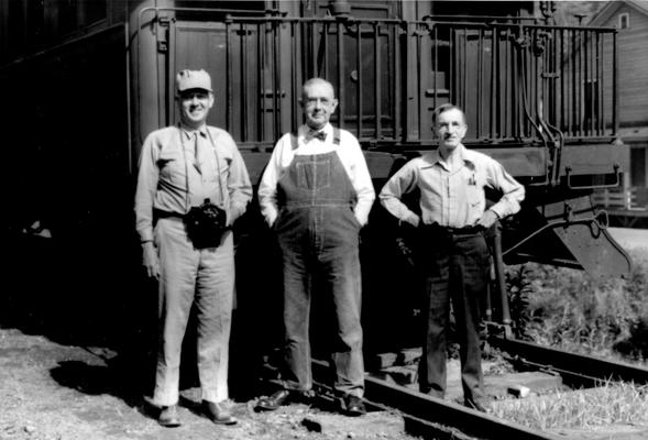 Three day trip to Blackey, Kentucky, courtesy of Louisville and Nashville Railroad, Neon?, Railroad Company furnished a private car, two cooks for these three persons interested in photography, right to left, J. Winston Coleman, Trimble McKee, 1903, Louis Edward Nollau, circa June 1947