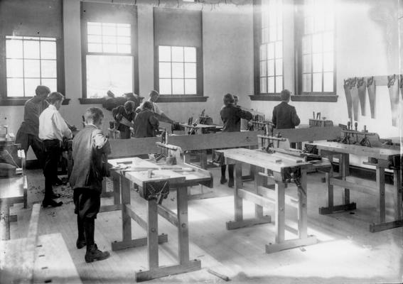 Lincoln School woodworking shop, October 1912, Haggin glass negative, GN 1548, printed for John Wyatt, 1964