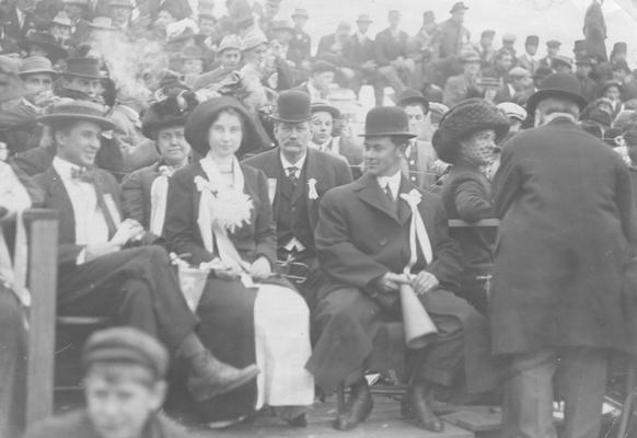 Barker, Henry Stites, President, Founders Day, Stoll Field, center with boler hat, circa 1917