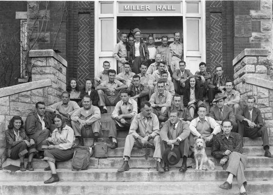 Geology class, Dr. MacFarland on front steps of Miller Hall, duplicate