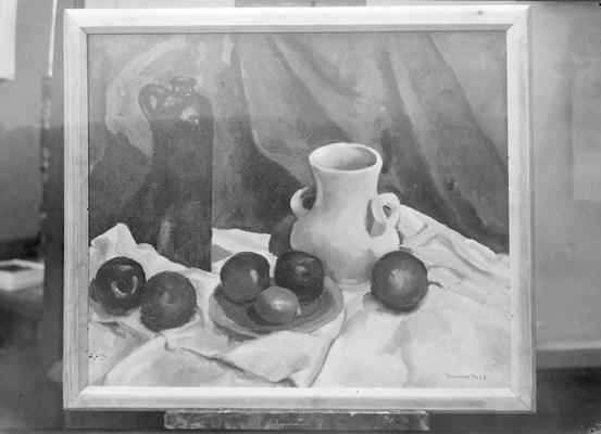 Table setting, appears to be same two handled pot used by artist Joy Pride in the nitrate print collection
