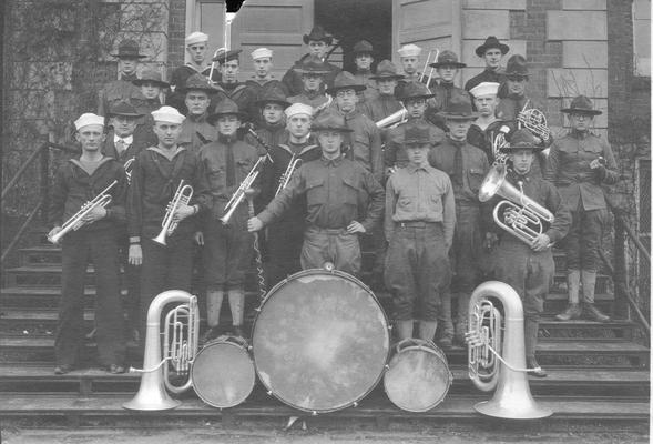 Marching Band with men in military uniforms, circa World War I