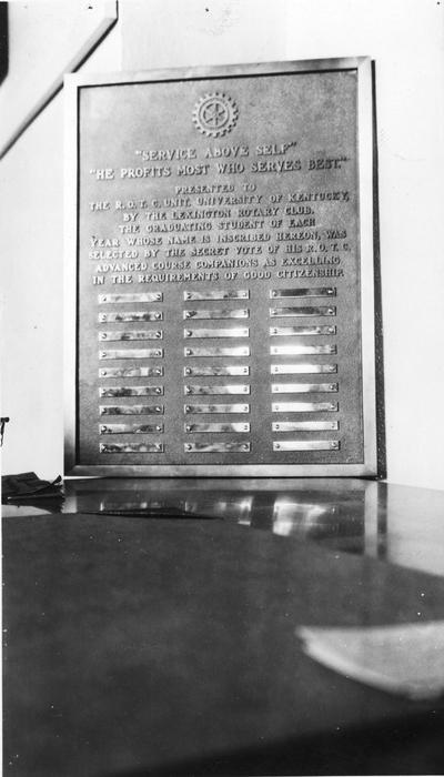 Reserve Officer Training Corps of the University of Kentucky Plaque sponsored by the Lexington Rotary Club, 1931