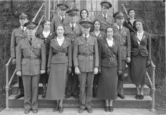 Company Commanders and Sponsors, First row, Jack Wert, Madelyn Shively, James Owens, Betty Boyd, Second row, Cecil Bell, Betty Watkins, Olen B. Coffman, Marjorie Weaver, Dan Parsons, Helen Wunsch, Third row, William E. Florence, Jane Dyer, John Ewing and Evelyn Grubbs, 1932