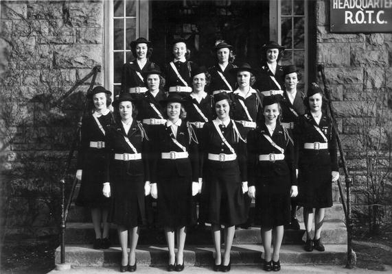 Women's drill and rifle team, First row, Major Jean M. McConnell, Major Peg Tallman, Colonel Dorothy A. Young, Major Peggy Denny, Second row, Captain Adjutants Jane Baynham and Mary L. Weisenberger, Third row, Captains Louise Ewan, Martha J. Rich, Mary Bryson, Mary Conant, Fourth row, Captains Elinor Rounsavall, Betty Roberts, Margaret Abel, Margaret Trent, 1940