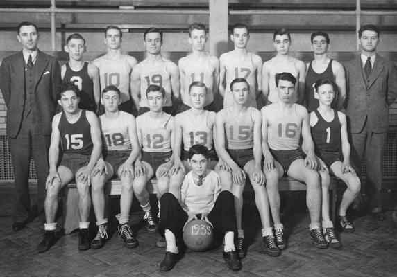 Young Men's Basketball team, 1935, Coach Kemper on the left