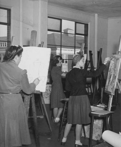 Students in art class, sketching and painting