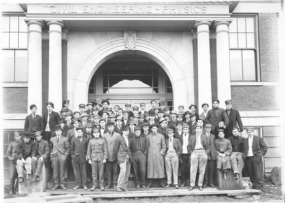 Class, civil engineer students on front steps of Civil Engineering / Physics Building, Pence Hall
