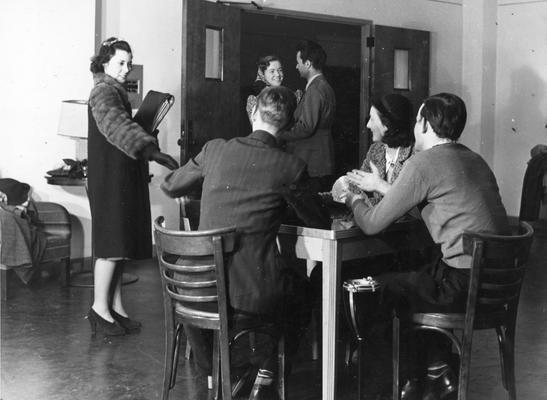Student Union, Mary Duncan, 1939 with fur sleeved coat, other students, playing cards