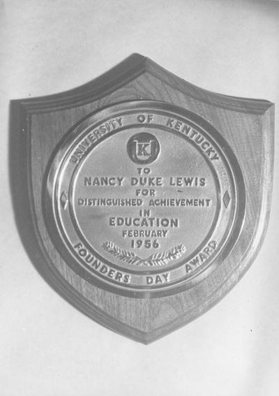 Founders Day plaque, recipient Nancy Duke Lewis, College of Education, 1956