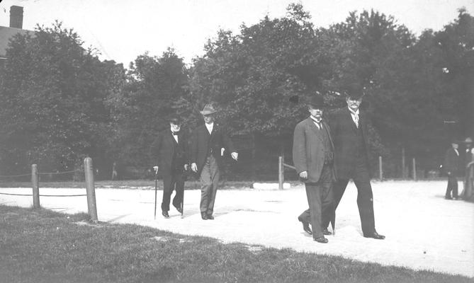 Silver Jubliee, College of Mechanical Engineering, June 1916, President Henry Barker, taller man walking in front of President Emeritus James Patterson with cane