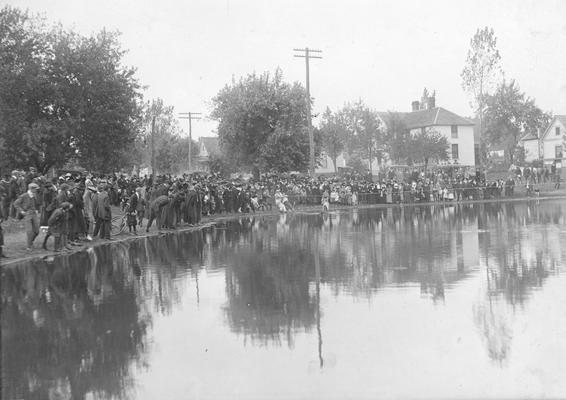 Student Tug-of-War at Clifton Pond, competition between freshman and sophomore classes, activity began in 1913 during Commencement festivities, October 1917