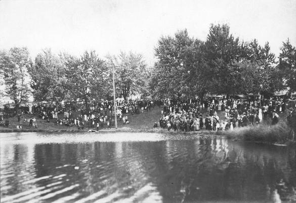 Student Tug-of-War at Clifton Pond, competition between freshman and sophomore classes, activity began in 1913 during Commencement festivities, 1916