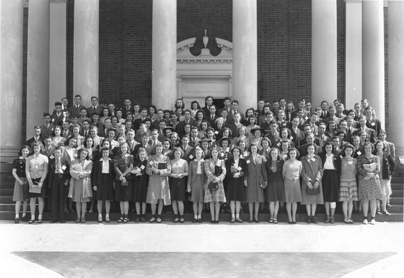 High school students in front of Memorial Hall, circa 1941