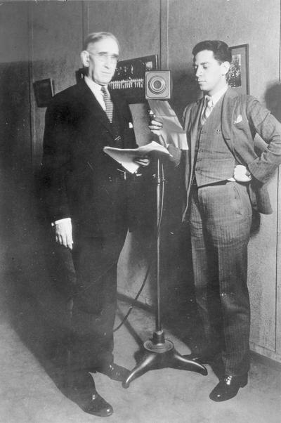 Frank L. McVey and unidentified man, at WBKY, forerunner of campus, WUKY, 1933