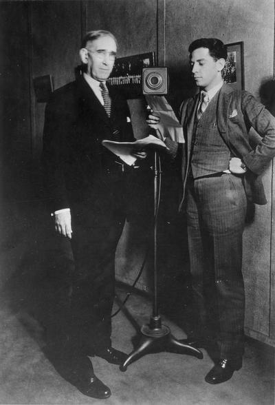 Frank L. McVey and unidentified man, at WBKY, forerunner of campus, WUKY, 1933