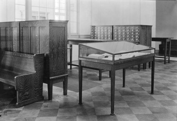 King Library, Great Hall, card catelogs and exhibit case