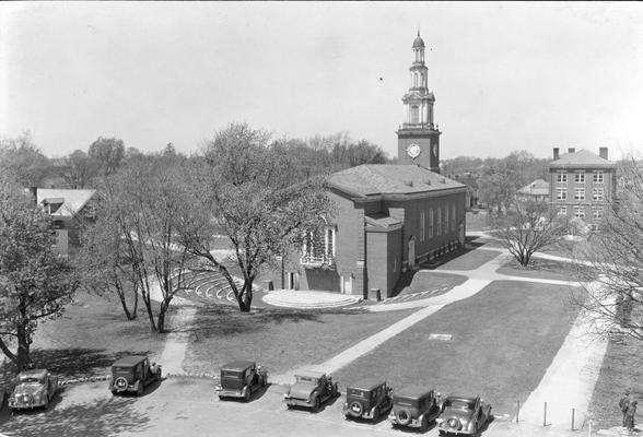 Memorial Hall, exterior with automobiles in parking area, circa 1935