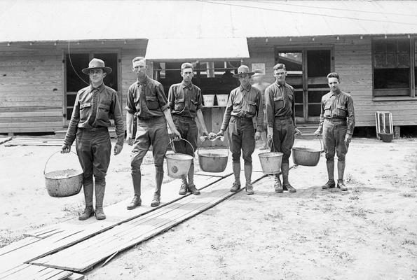 Soldiers, water detail outside of barracks, August 15, 1918