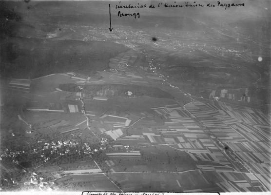 Aerial view of Brougg, Switzerland, arrow pointing to headquarters of a Swiss mountain region agricultural union for farmers