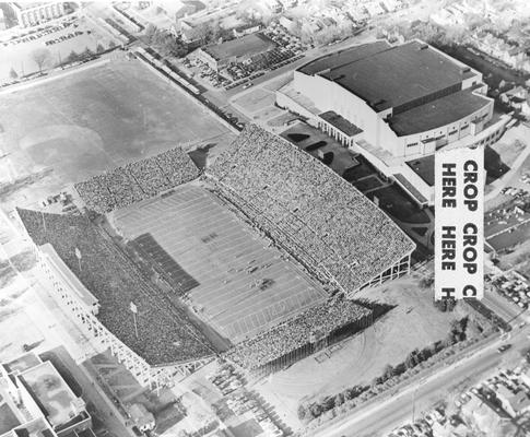 Aerial View of football stadium, homecoming game, 1953, Stoll Field, Photographer, Public Relations Department