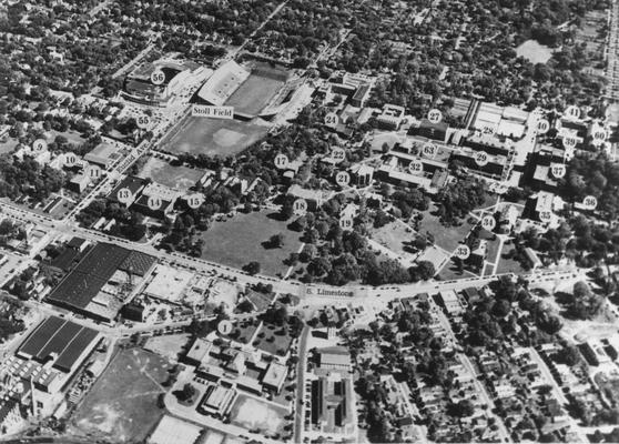 Aerial view of campus prior to Patterson Office Tower