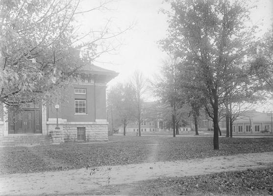 Scene of campus and Carnegie Library, Wendt Shop and other buildings