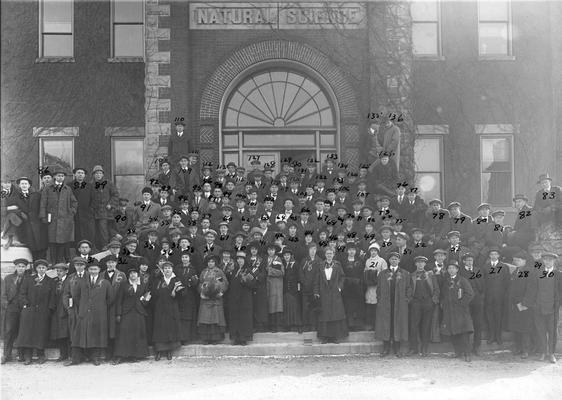 Freshman class, 1914-1915, in front of Natural Sciences / Miller Hall