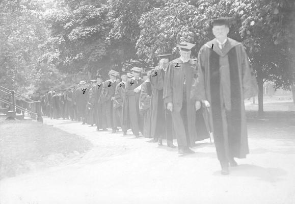Commencement 1916, President Henry Barker, H. M. Froman, State Board of Agriculture, P. Preston Johnston, alumnus and Board of Trustees member, Arthur M. Miller, Dean of Arts and Sciences, William T. Lafferty, Dean of College of Law