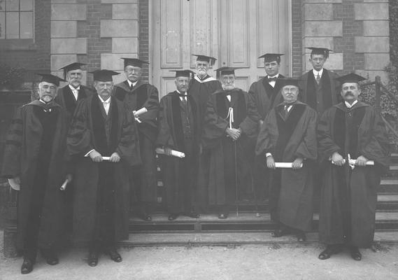 Board of Trustees, President Barker, third from left, James G. White, last row, white beard, President Emeritus Patterson, center with cane, Claude Terrell, last row, right of Patterson, Richard Stoll, last row, right of Terrell, Unidentified individual, circa 1917