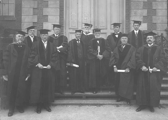 Board of Trustees, President Barker, third from left, James G. White, last row, white beard, President Emeritus Patterson, center with cane, Claude Terrell, last row, right of Patterson, Richard Stoll, last row, right of Terrell, Unidentified individual, circa 1917