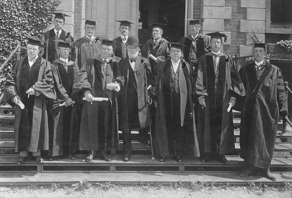 Commencement 1913, 1. F. Paul Anderson, 2. Joseph Kastle, 3. W. Gibson, 4. President Emeritus James K. Patterson, 5. Governor James B.McCreary, 1911-1915, 6. Richard C. Stoll, alumnus and Board of Trustees member, 7. William Lafferty, Dean of Law School, second row ? A. Fairhurst, ? E. McDermott, and unidentified person, 11. Dr. Alfred M. Peter, 12. President Henry Barker