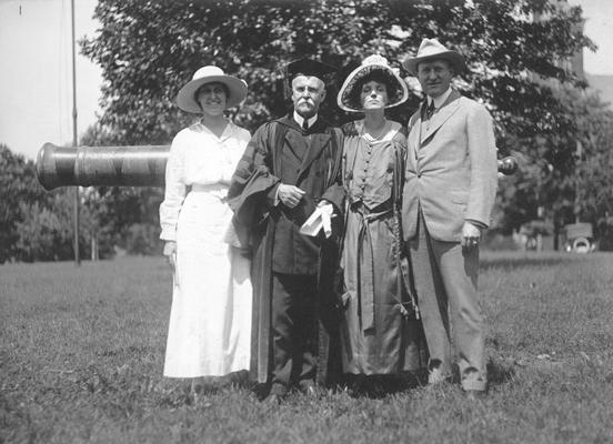 Commencement 1917, Frances Jewell, Instructor of English, Benjamin Ide Wheeler, President of University of California, speaker, Mrs. Walton, and Matt Walton