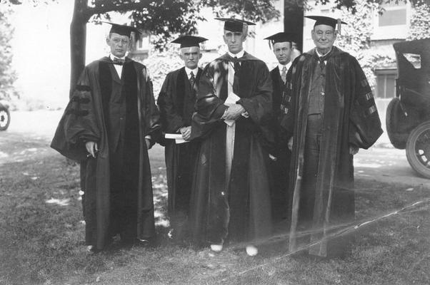 Commencement, conferring of honorary degrees, Judge Richard Stoll, Board of Trustees, Edward Warren Hines, Chairman of Kentucky State Council of Defense, President Frank L. McVey, J. Preston Johnston, Board of Trustees, Harvey W. Wiley, M.D., commencement speaker, June 18, 1919