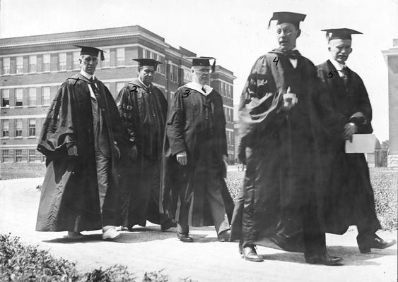 Alumni Commencement Procession, 1. President Frank McVey 2. Dr. Harvey W. Wiley, M.D., commencement speaker 3. Dr. William C. Bower, Invocation 4. Richard C. Stoll, Board of Trustees, 5. Edward Warren Hines, Chairman of Kentucky State Council of Defense, recipient of honorary degree, 1919