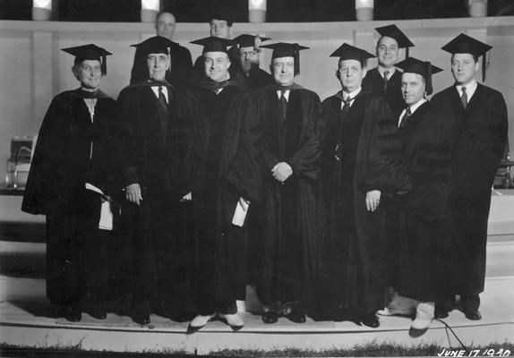 Frances Jewell McVey, President Frank McVey and Governor Keen Johnson, first row, left to right and unidentified Dean and Department heads, June 17, 1940