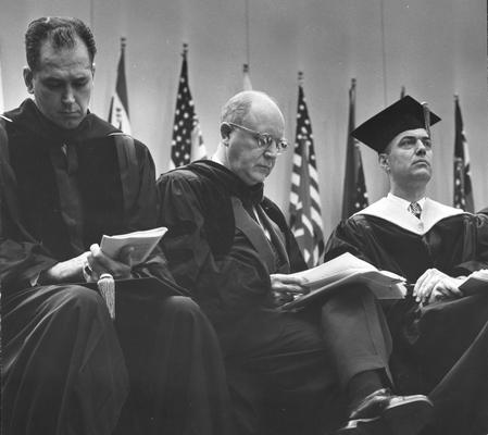 Graduation, unidentified individuals and President Frank Dickey, on right, 1958, Photographer, Public Relations