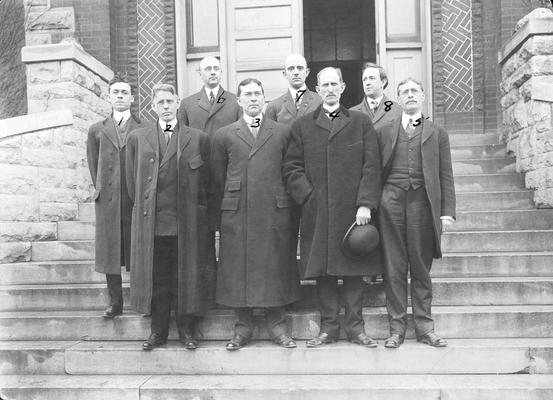 College of Law Faculty, 1913, 1. ? 2. Charles Kerr 3. ? 4. W. E. Lafferty 5. Lyman Chalkley 6. James Embry Allen 7. W. E. Nichols 8. George W. Vaughn, page 56, 1913 