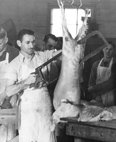 Hubert Davis splits a lamb carcass while other class members butcher carcass halves into household cuts, page 65, 1941 