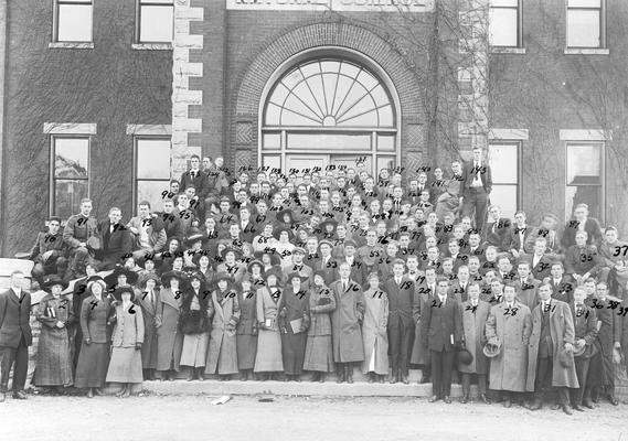 Co-educational group of students on steps of Miller Hall, circa 1900