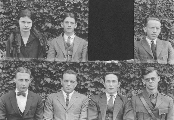 Engineering Seniors, circa 1924, top: left to right, 1. Katherine Cleveland, Bachelor of Science in Civil Engineering 2. Elwood Farra 3. unidentified 4. J. S. Henry Jr. bottom: left to right 1. John Lewis Gray 2. Owen Kimble Kelly 3. Noah Daniel Howard 4. Thomas Leigh Garwood