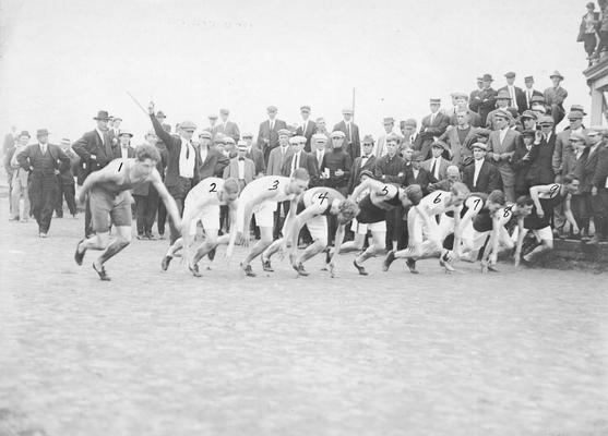 Track, men at the start of a race, circa 1910