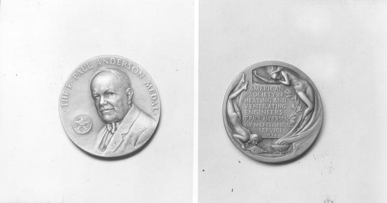 Anderson, F. Paul, medal created to honor Anderson by the American Society of Heating and Ventilating Engineers, Meritorious Service, 1934